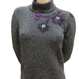 Les Copains Black and White Diagonal Striped Sweater with Purple Floral Accents